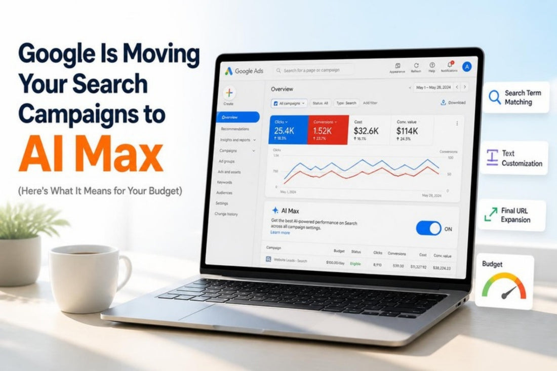 Google Ads dashboard on a laptop with the AI Max toggle switched on