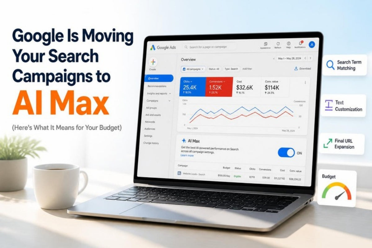 Google Ads dashboard on a laptop with the AI Max toggle switched on