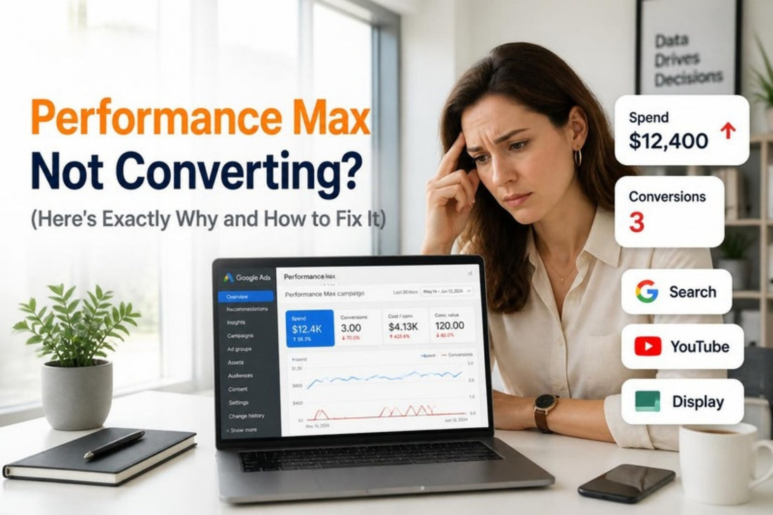 Business owner reviewing a Performance Max campaign with high spend and few conversions