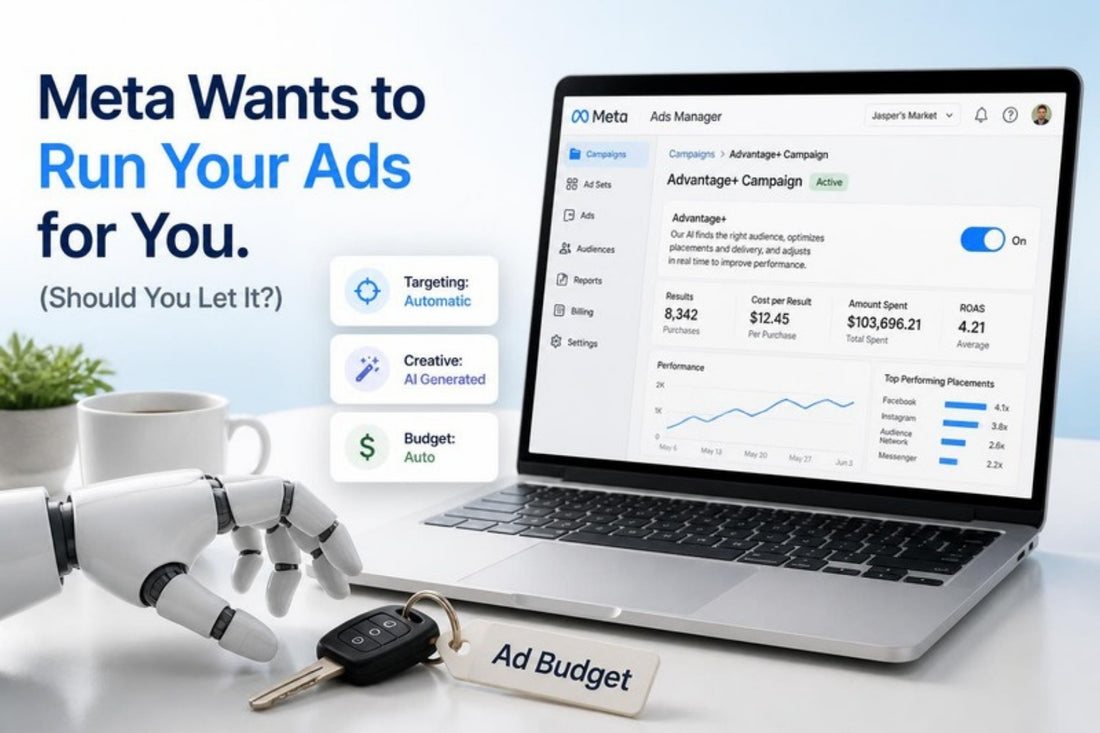 Robot hand reaching for car keys labeled Ad Budget next to a Meta Advantage+ dashboard