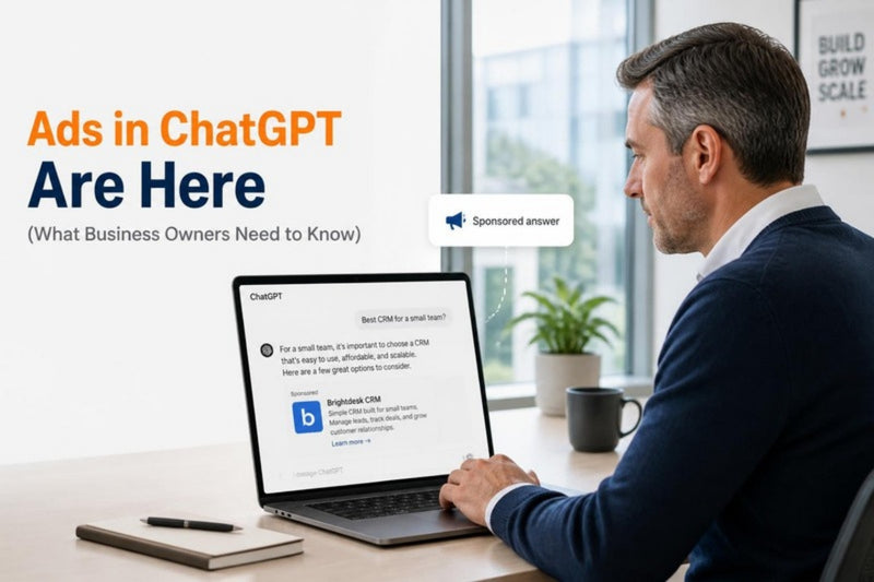 Businessman looking at an AI chat answer with a sponsored ad below it