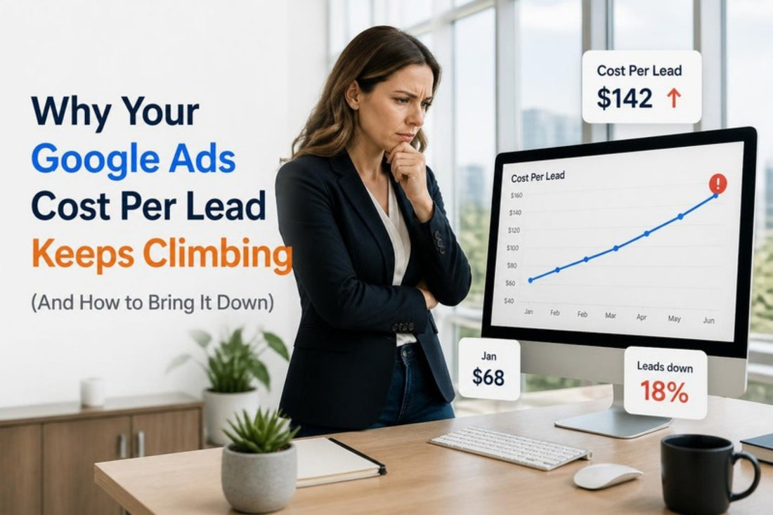 Businesswoman looking at a chart of Google Ads cost per lead climbing month over month