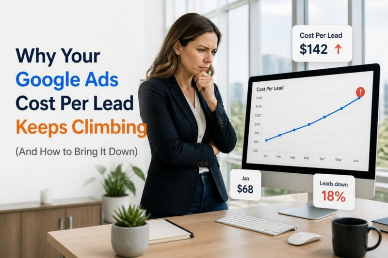 Businesswoman looking at a chart of Google Ads cost per lead climbing month over month