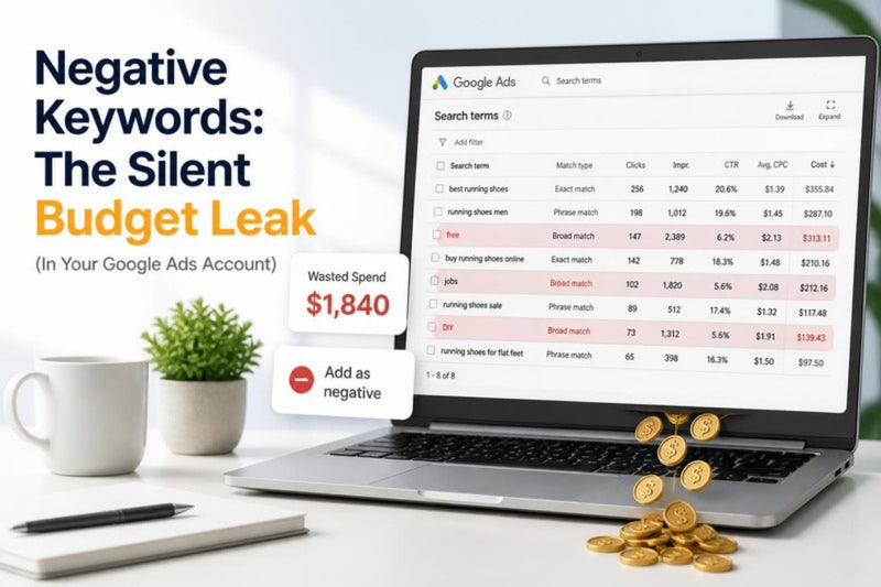 Google Ads search terms report with irrelevant searches highlighted and coins leaking out
