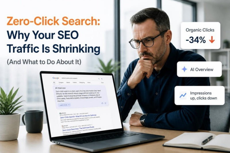 Businessman looking at a search results page with an AI Overview pushing organic links down