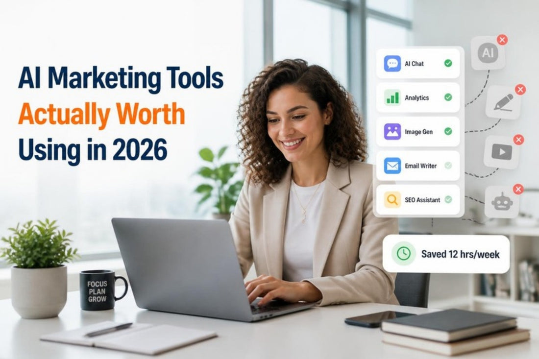 Businesswoman using a laptop next to a curated set of AI marketing tools