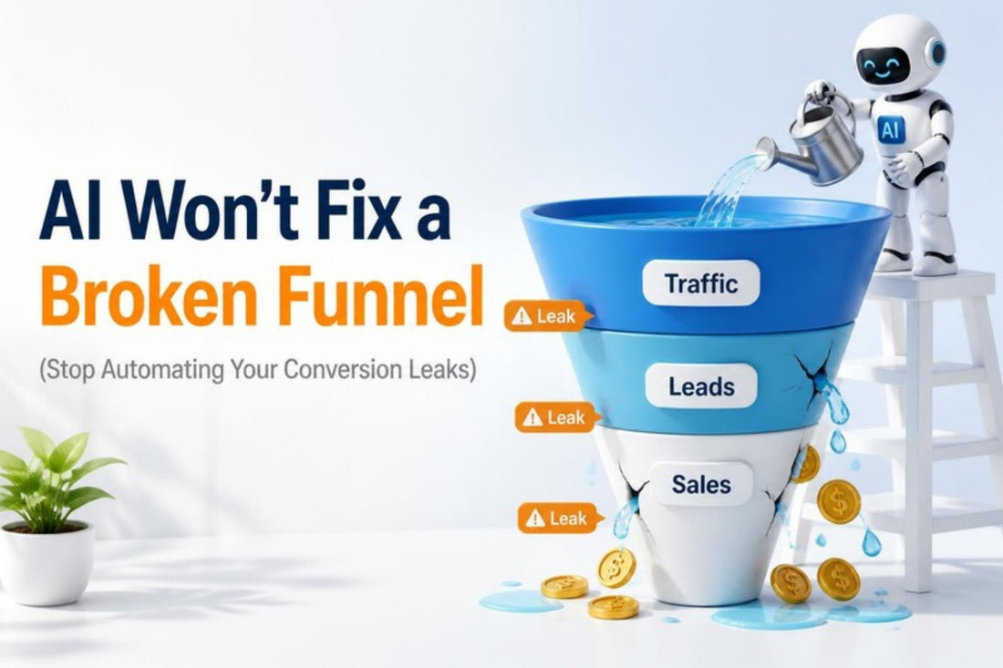 Robot pouring water into a leaking marketing funnel
