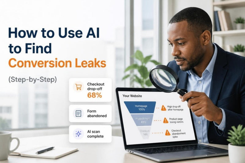 Businessman using a magnifying glass to find conversion leaks in a website funnel