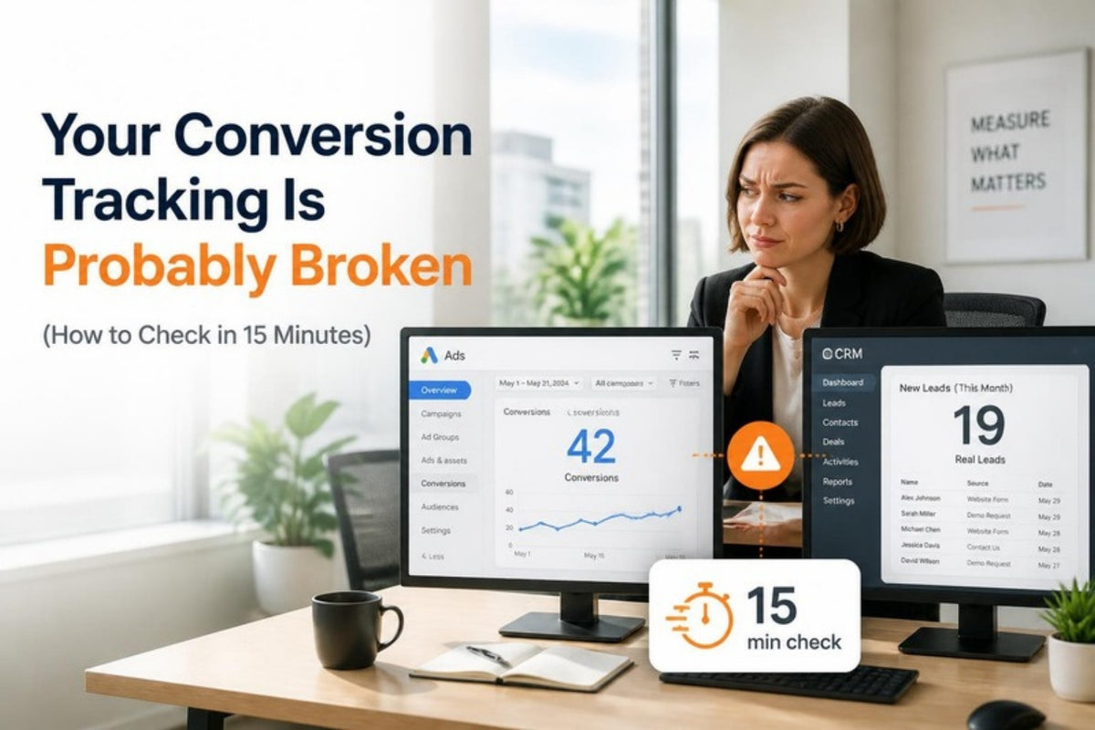 Businesswoman comparing an ads dashboard showing 42 conversions with a CRM showing 19 leads