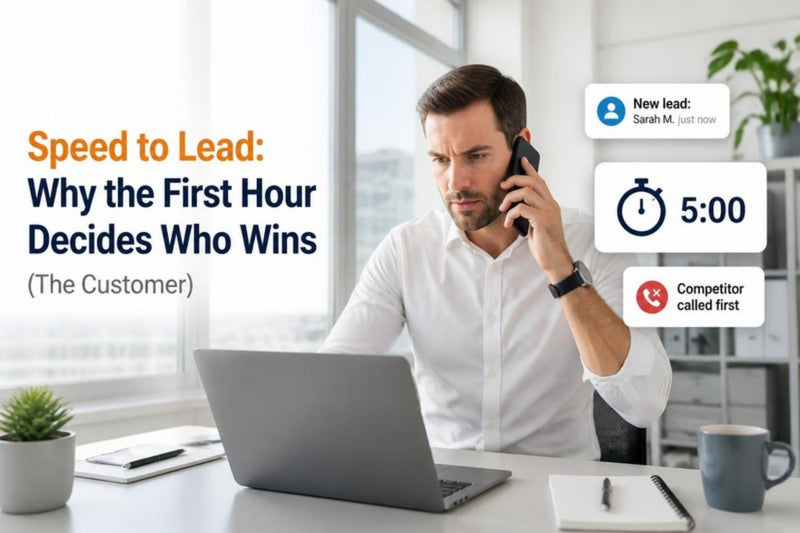 Businessman calling a new lead quickly next to a stopwatch notification