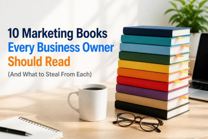 Stack of marketing books on a desk with sticky notes and a coffee