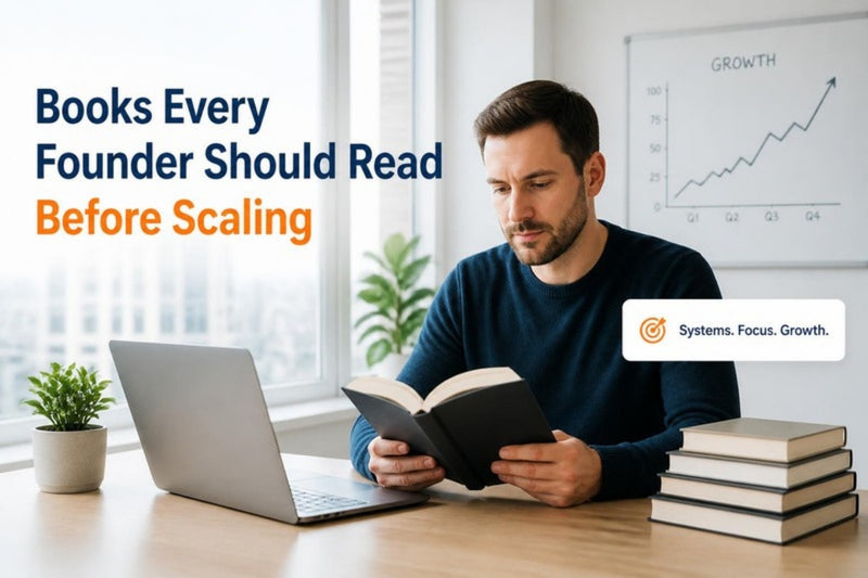 Founder reading a book at a desk with a growth chart on the wall behind