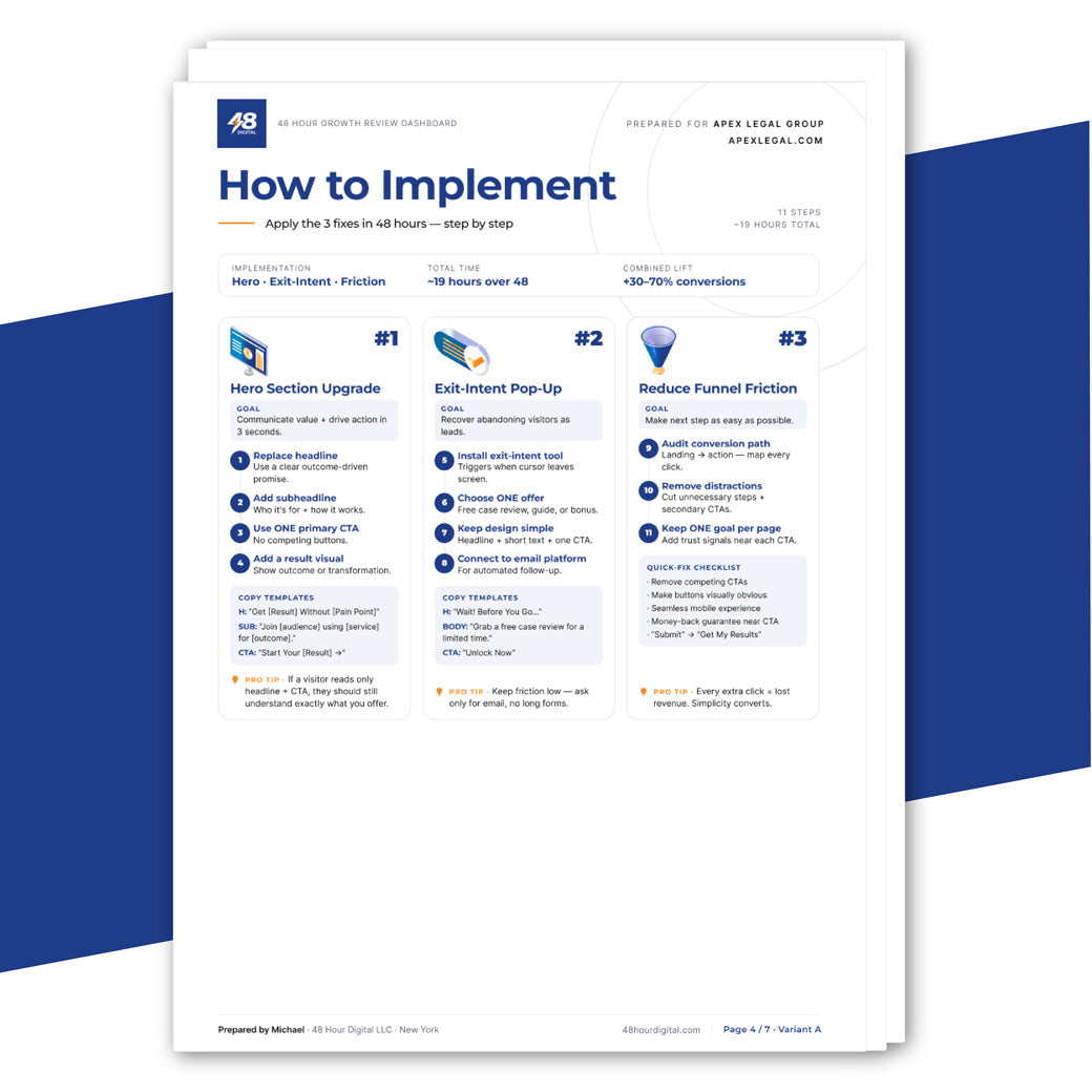 A printed report from 48HourDigital  with an implementation guide sheet titled 'How to Implement' with three numbered steps, shown on a white background with blue graphic shapes behind it. The sheet includes company branding at the top and footer text at the bottom.