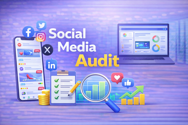 Illustration of social media audit with icons and text on a purple background